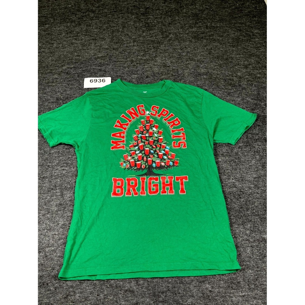 Holiday Time T Shirt Mens Medium Green Making Spirits Bright Cotton Crew Neck